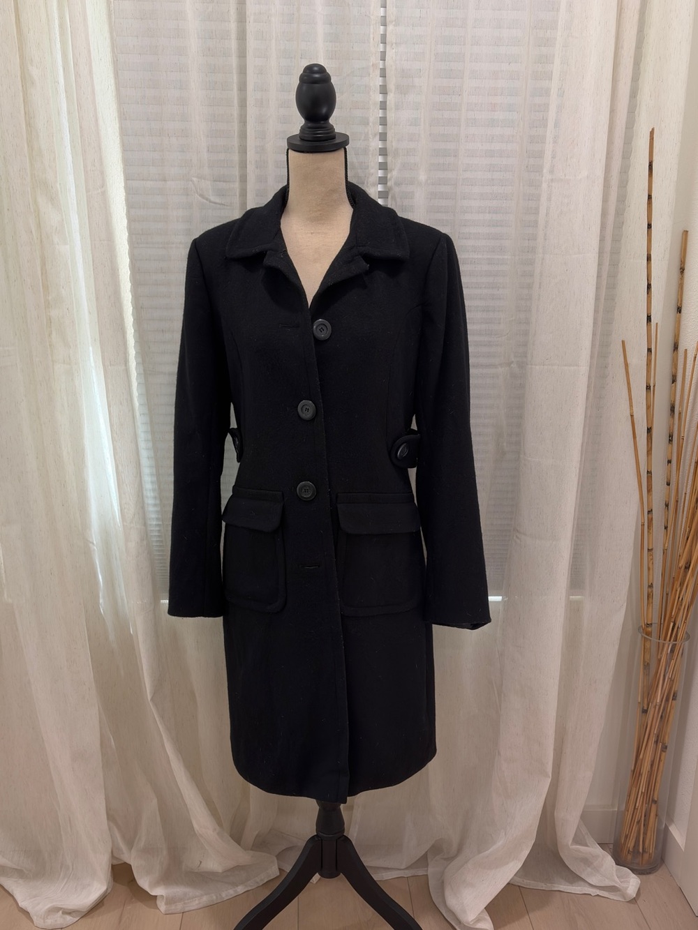 Moda International Black Wool Pea Coat with Button Front